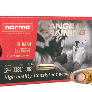 9MM AMMO NORMA AMMUNITION 620340050 RANGE AND TRAINING 124 GR FMJ (50 Rounds)